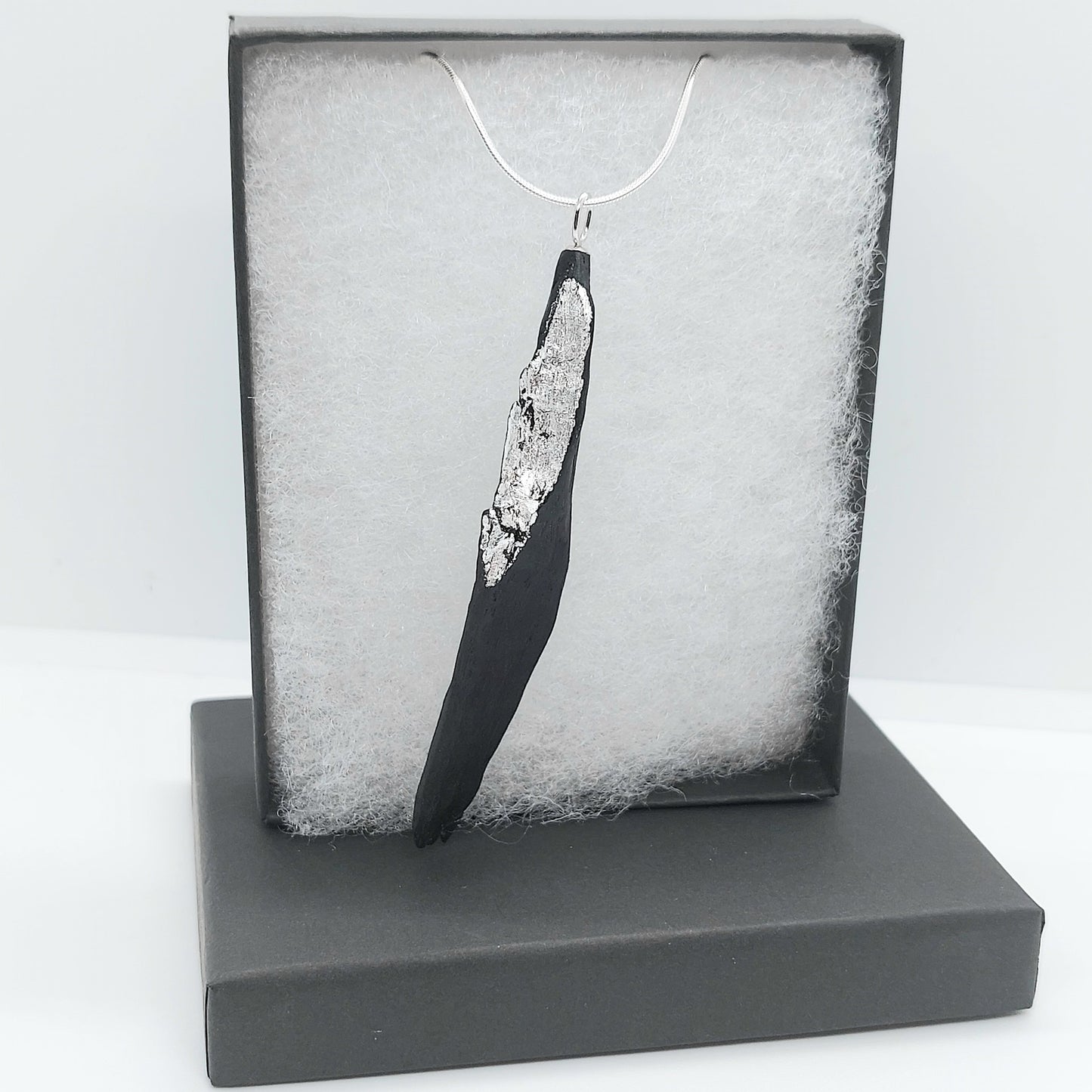 Sciathán - Irish bog oak with fine silver leaf and sterling silver chain