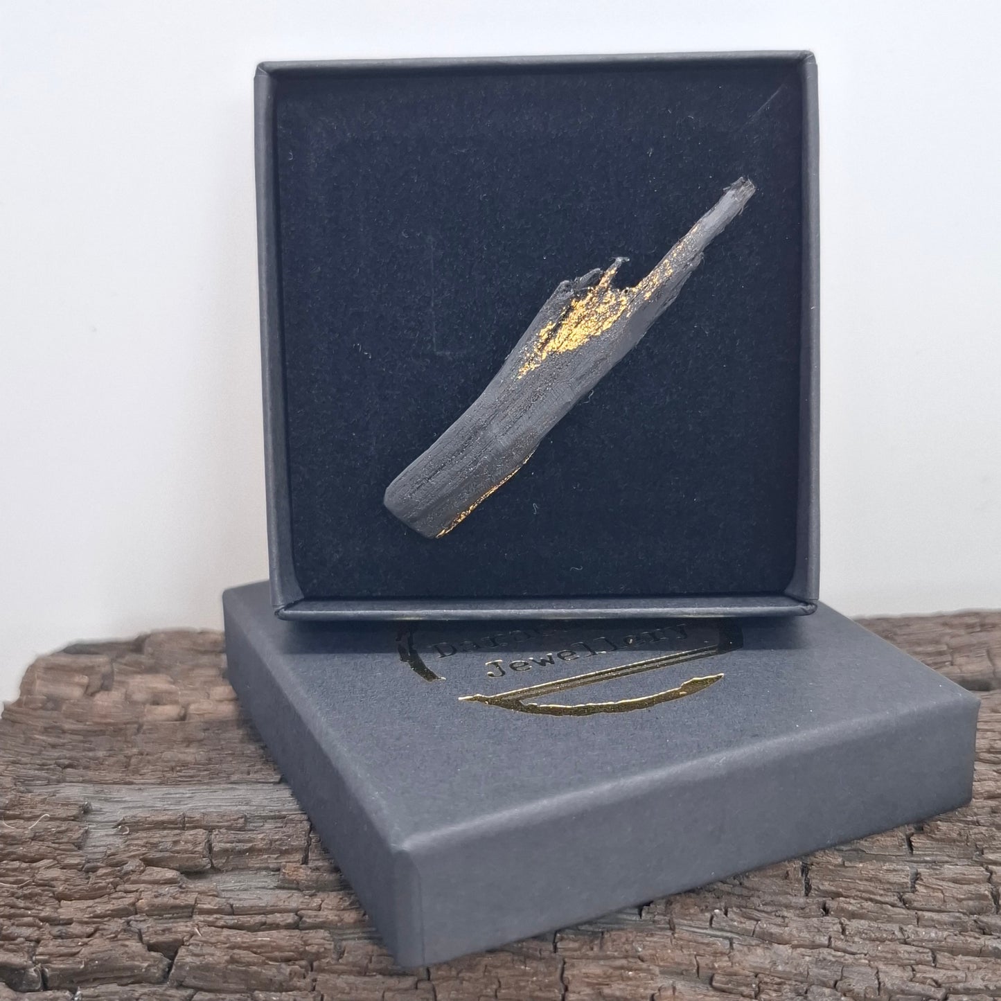 Corrib - Irish bog oak brooch with 23.75ct gold leaf