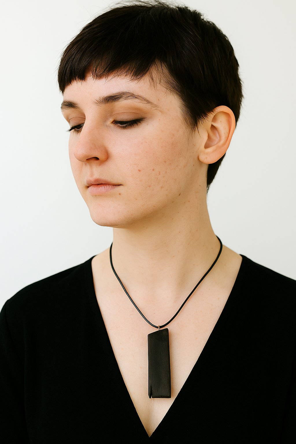 Person wearing a black bog oak pendant necklace against a plain background