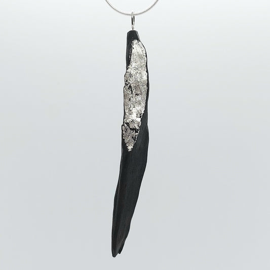 Sciathán - Irish bog oak with fine silver leaf and sterling silver chain