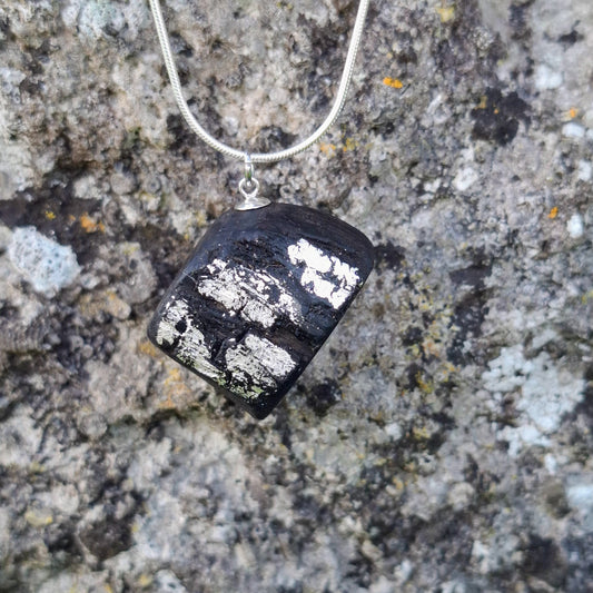 Lichen - Irish bog oak with fine silver leaf and sterling silver chain