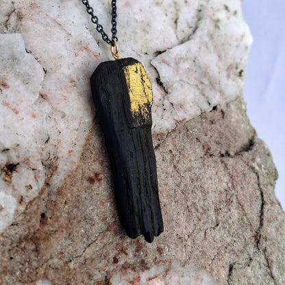 Fainche - Irish bog oak necklace with 23.75ct gold leaf