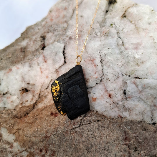 Caragh - Irish bog oak necklace with 23.75ct gold leaf