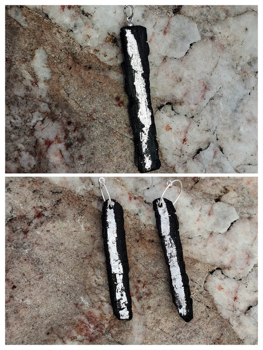 Aoibhneas - Irish bog oak pendant and earrings with fine silver leaf