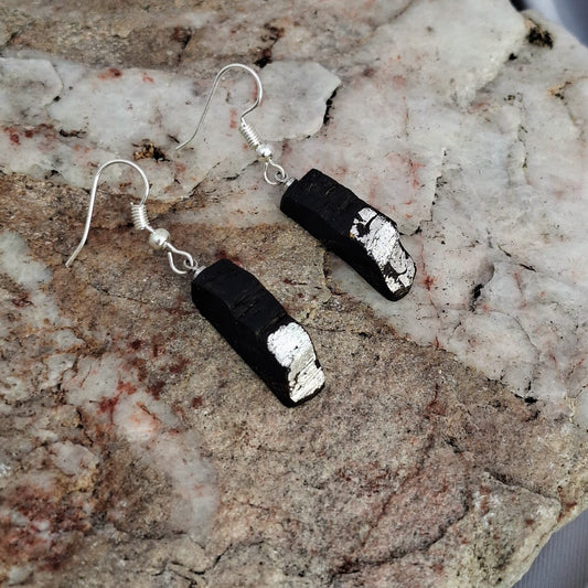 Airgead Sa Dorchadas- Irish bog oak earrings with silver leaf