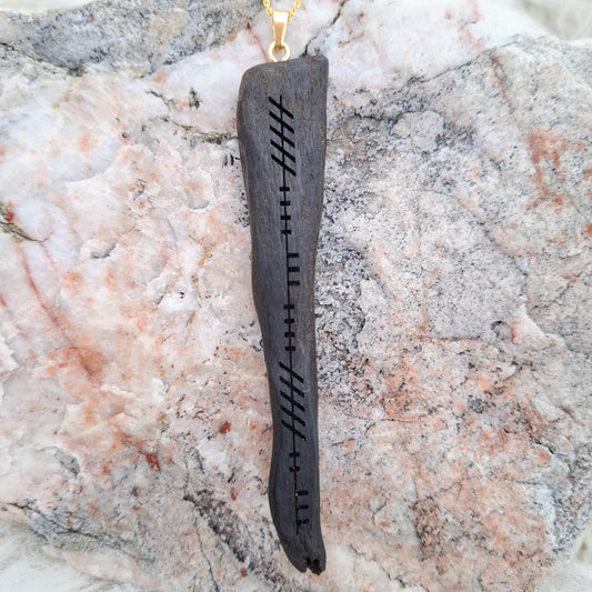 Bog oak wooden pendant with 'Forever' Ogham inscription
