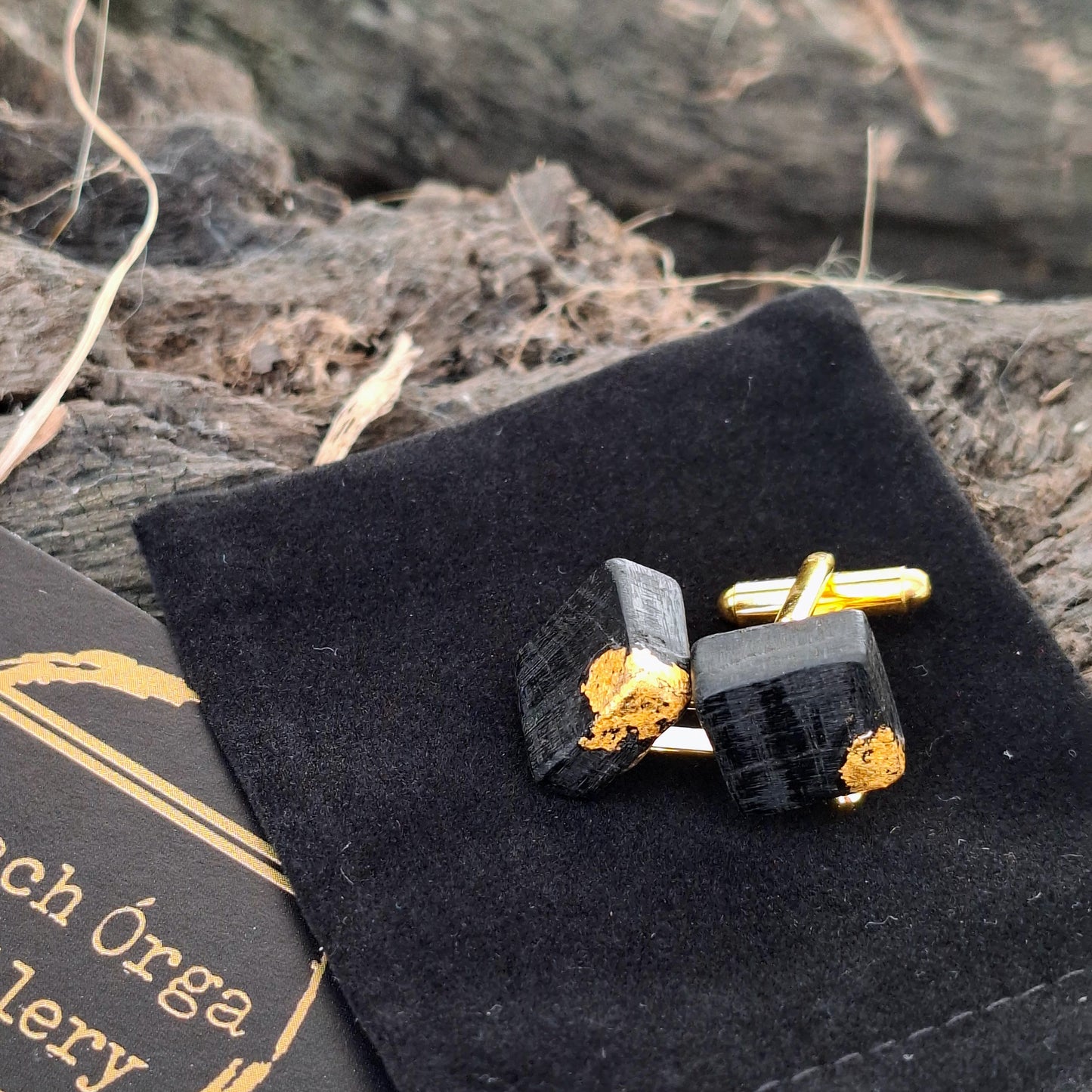 Irish bog oak Cufflinks pendant with 23.75kt gold leaf