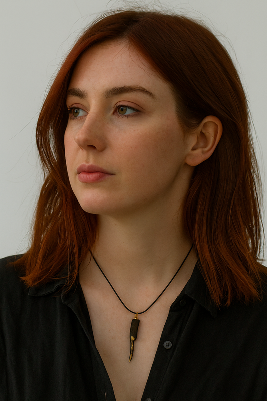 Woman wearing a black shirt and necklace against a plain background