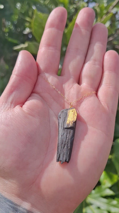 Fainche - Irish bog oak necklace with 23.75ct gold leaf