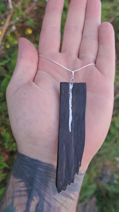 Eiteog - Irish bog oak necklace with fine silver leaf and sterling silver chain