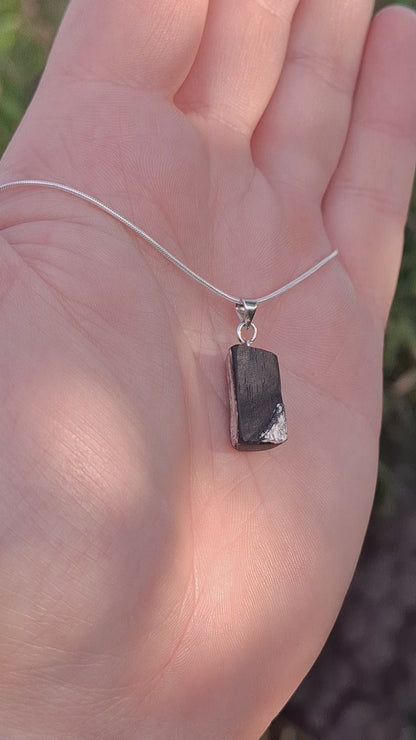 Fionnuala - Irish bog oak with fine silver leaf and sterling silver chain