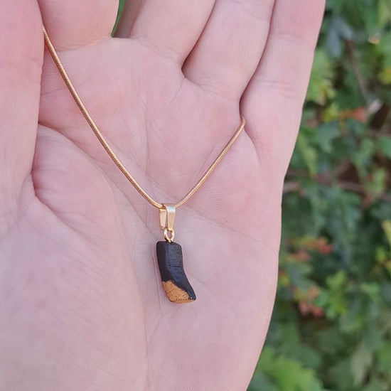 Pendant made out of irish bog oak finished with gold or silver leaf and necklace
